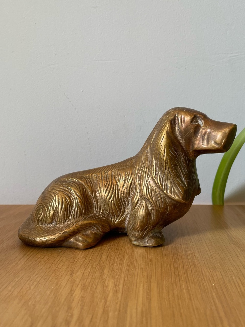 Vintage Midcentury Brass Long Haired Basset Hound Dachshund Dog Figurine 6”